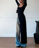 BXOXO Solid Unique Women Tops Classic Concise Autumn Full Sleeve U-neck Skinny Splited Super-Long Tees Popular New Wild T-shirts